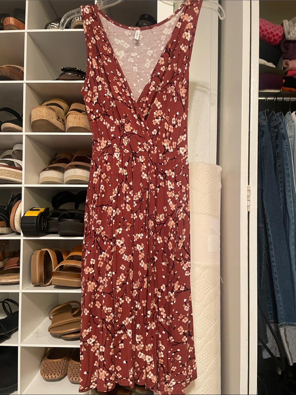 Wrap-Front Floral Midi Dress in Rust with Cream Accents